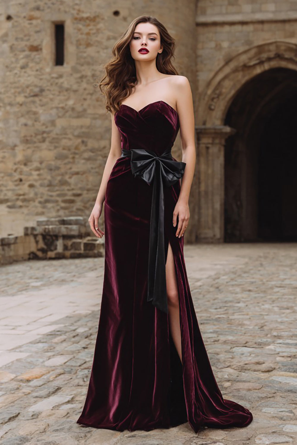 Burgundy Mermaid Velvet Sweetheart Long Holiday Party Dress with Bow