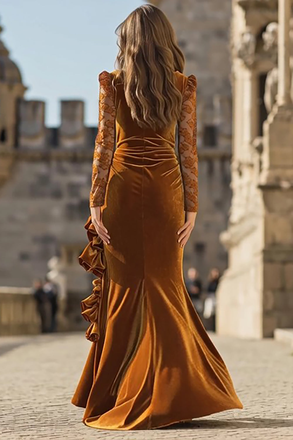 Modest Caramel Mermaid Velvet Ruched Long Sleeves Holiday Party Dress with Slit