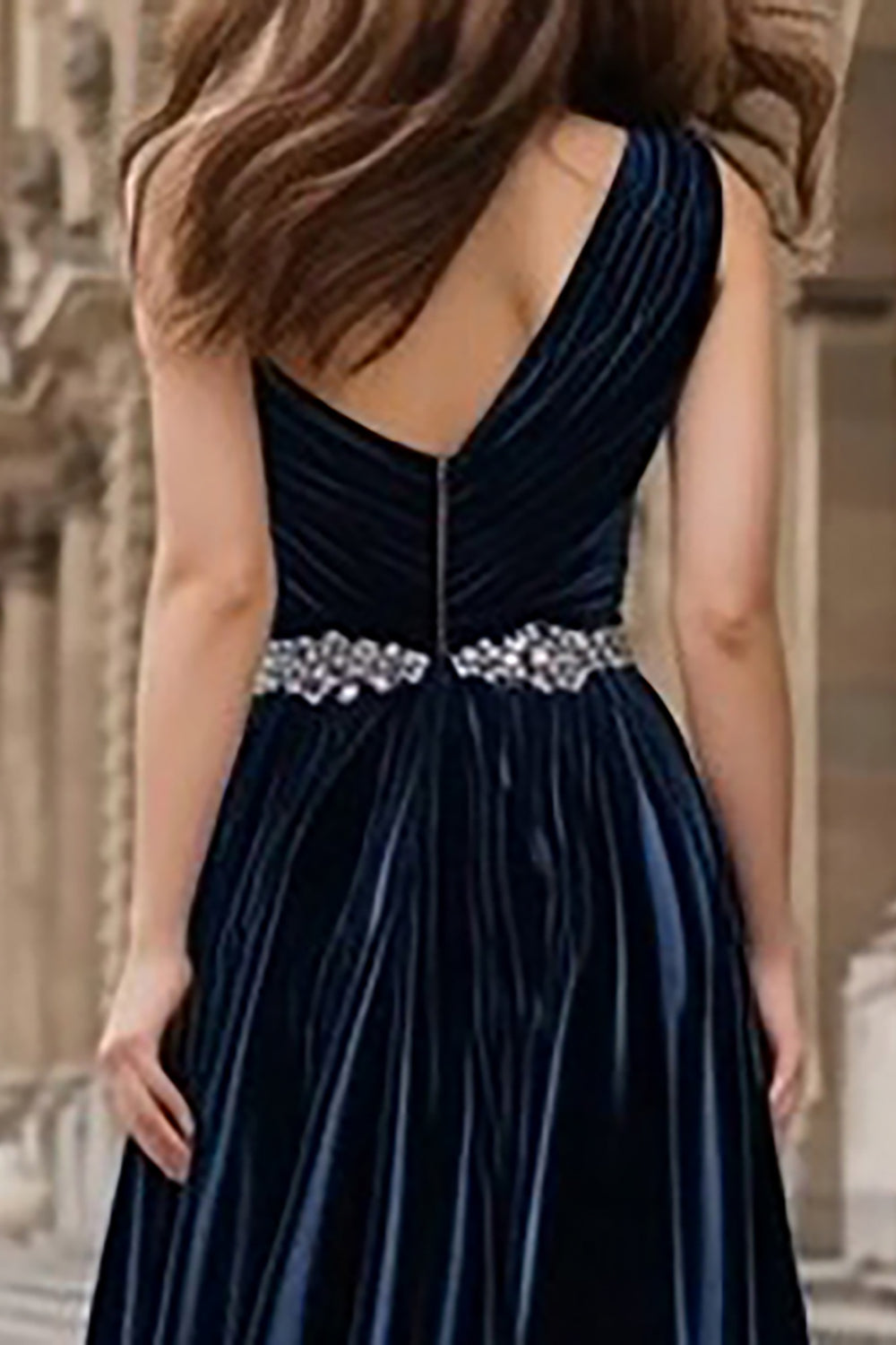 Sparkly Navy One Shoulder A-Line Beaded Long Velvet Holiday Party Dress