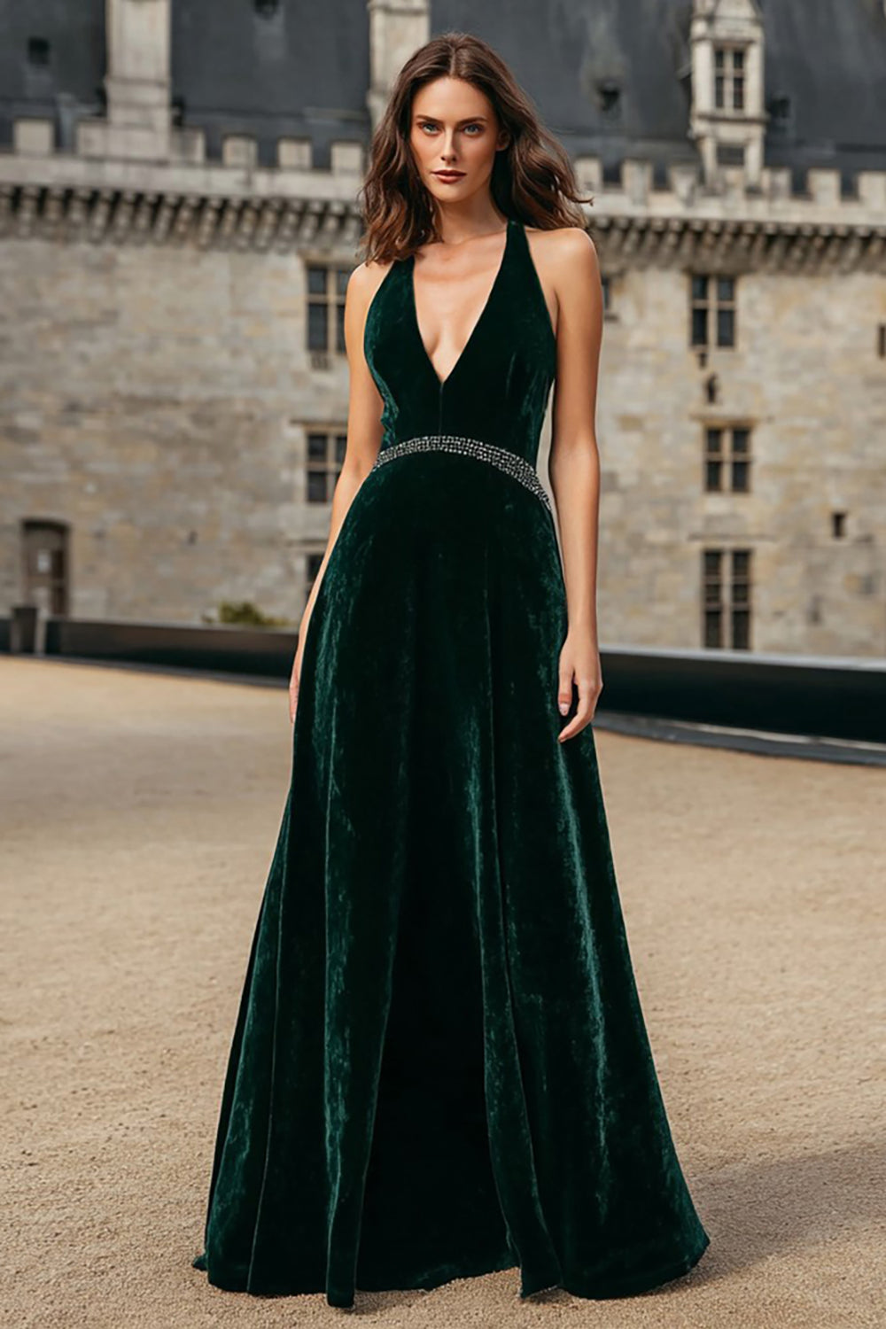 Sparkly Dark Green Halter A-Line Long Velvet Holiday Party Dress
