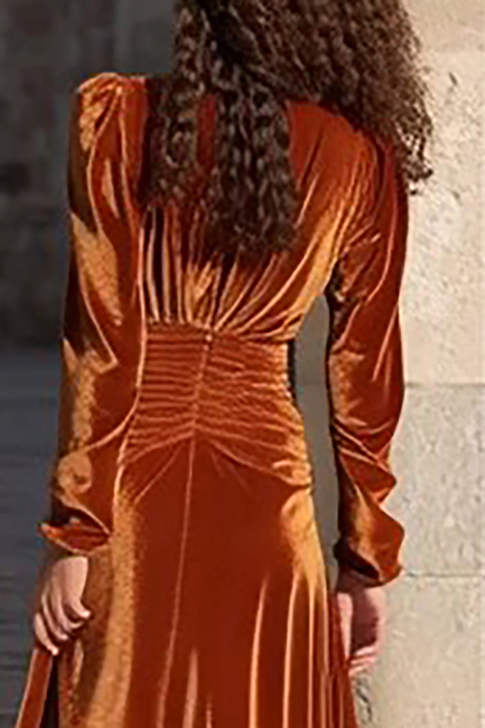 Caramel Velvet V Neck Ruched Long Sleeves Holiday Party Dress with Slit