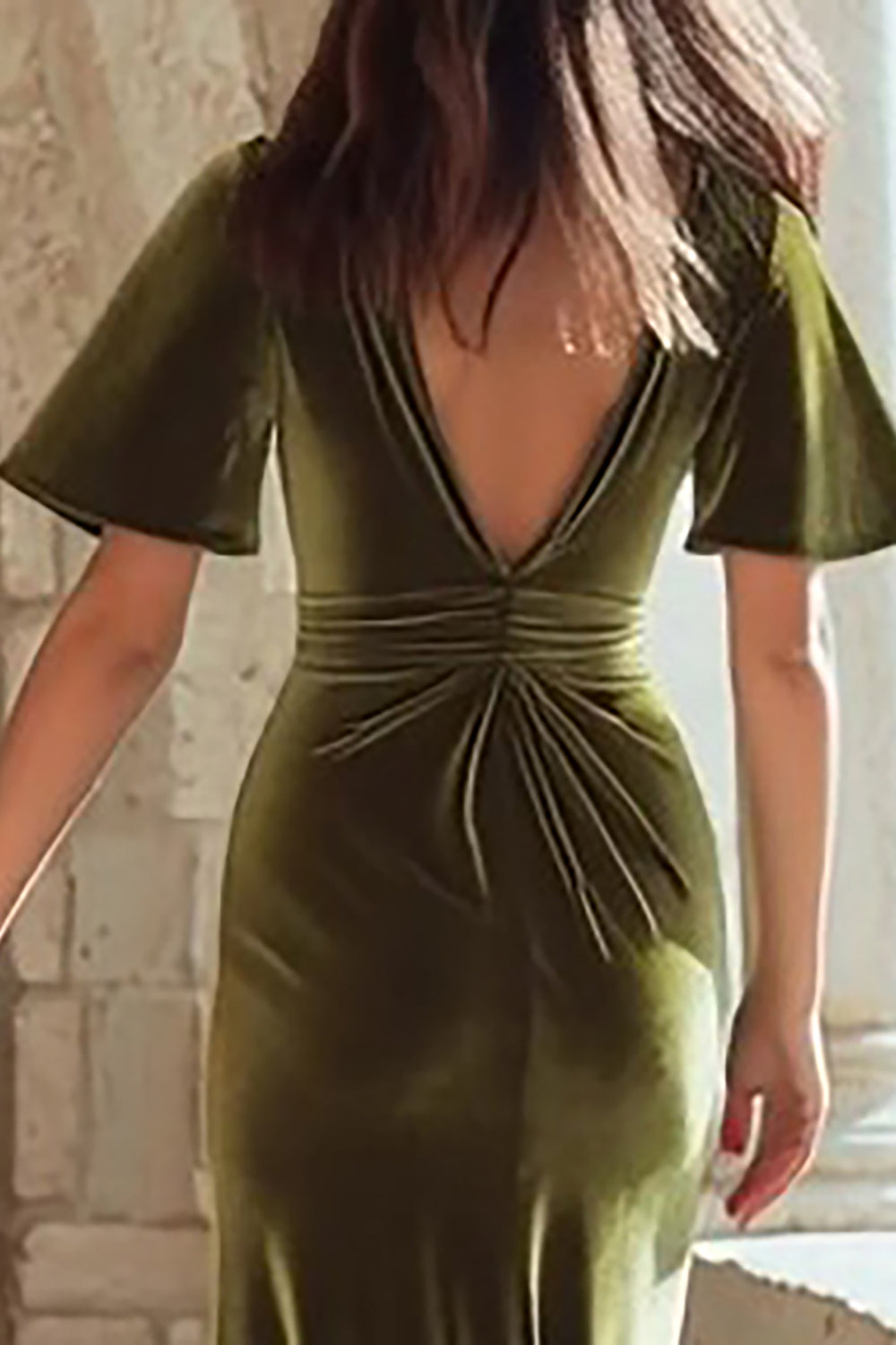 Olive Mermaid Velvet Long Holiday Party Dress with Sleeves