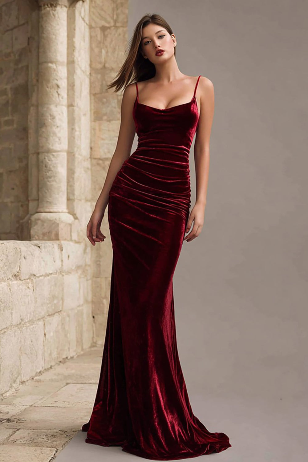 Burgundy Velvet Spaghetti Straps Long Mermaid Holiday Party Dress