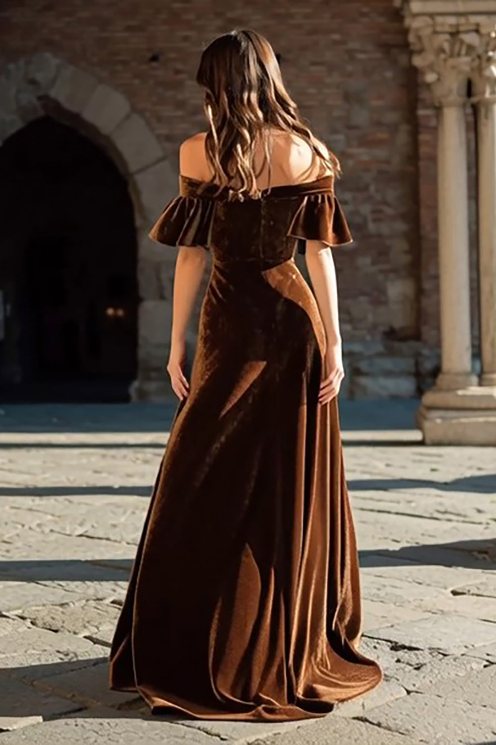 Brown Velvet A Line Long Holiday Party Dress with Ruffles