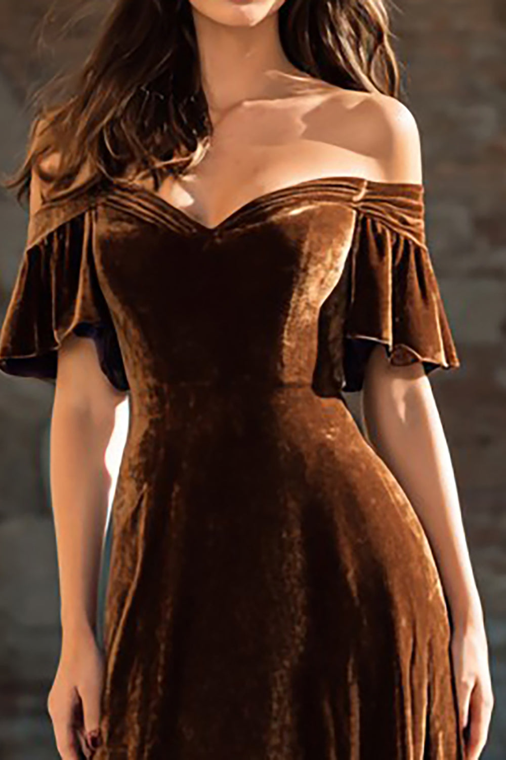 Brown Velvet A Line Long Holiday Party Dress with Ruffles