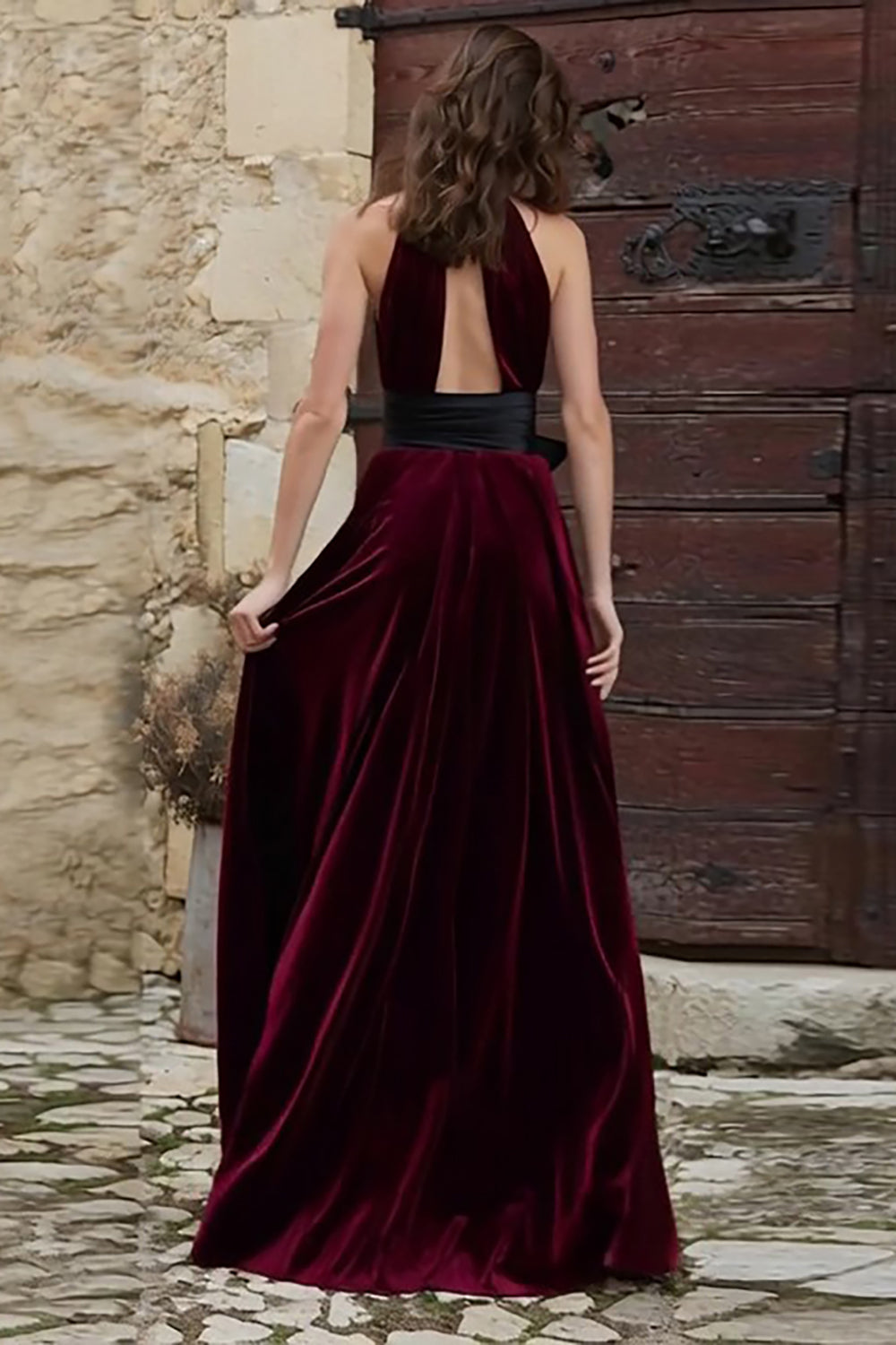 Burgundy A-Line High Neck Long Velvet Holiday Party Dress