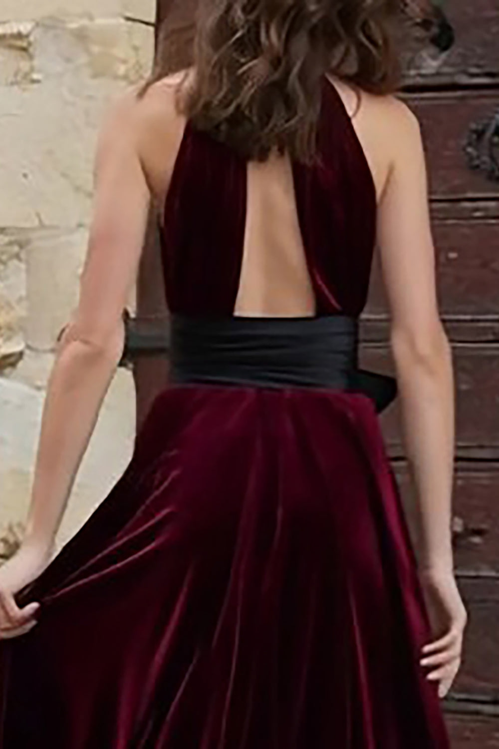 Burgundy A-Line High Neck Long Velvet Holiday Party Dress