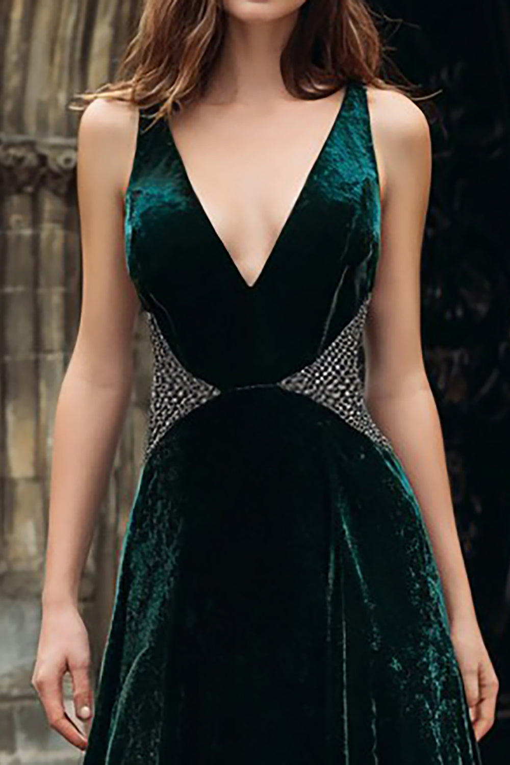 Sparkly Dark Green A-Line Velvet Long Holiday Party Dress with Beading