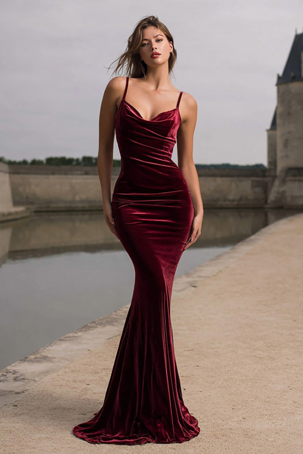Burgundy Velvet Spaghetti Straps Backless Long Mermaid Holiday Party Dress