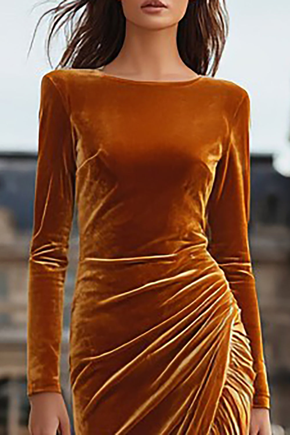 Caramel Velvet Mermaid Ruched Long Sleeves Holiday Party Dress with Slit