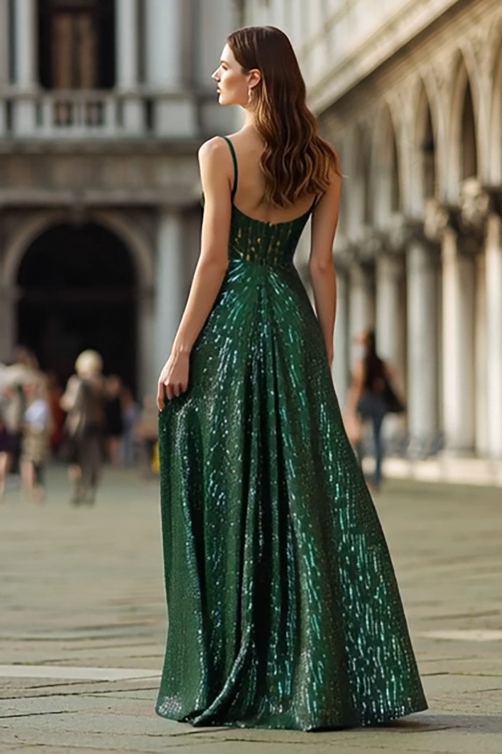 Sparkly Dark Green A-Line Sequin Spaghetti Straps Long Prom Dress