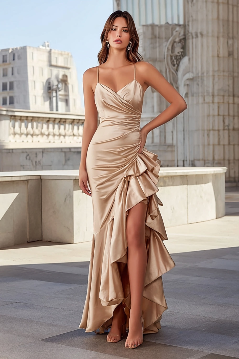 Elegant Champagne Mermaid Spaghetti Straps Ruffled Long Prom Dress with Slit