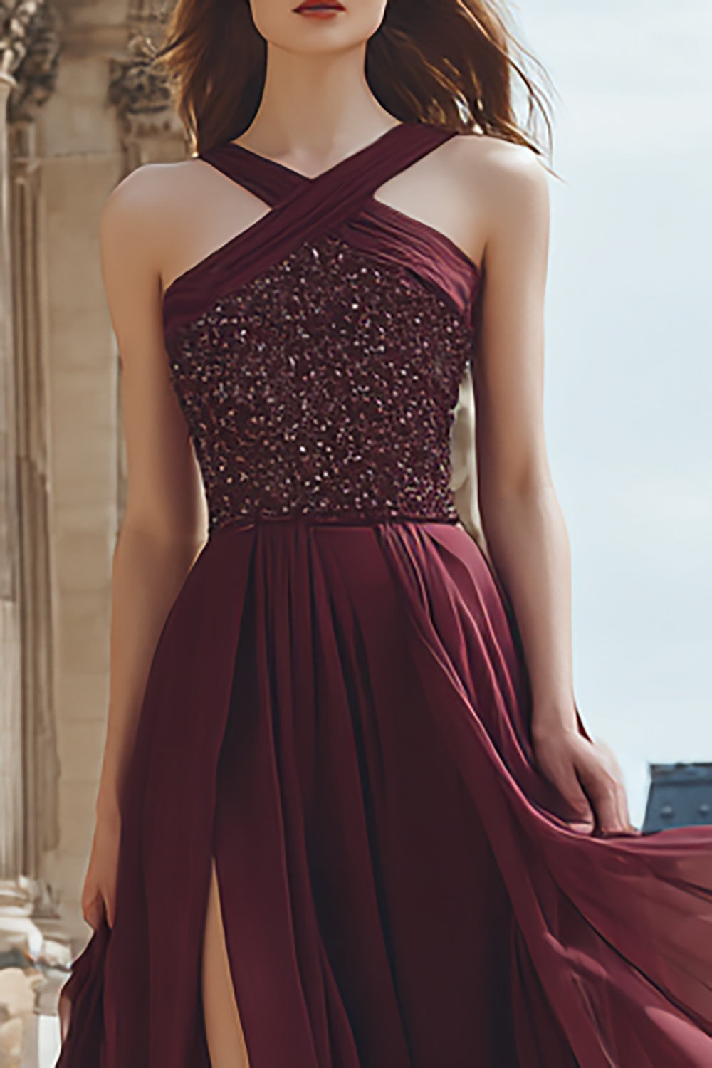 Sparkly Burgundy A-Line Long Formal Dress with Slit