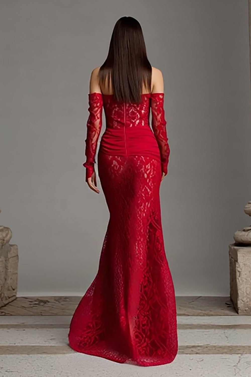 Elegant Red Lace Mermaid Strapless Long Corset Formal Dress with Sleeves