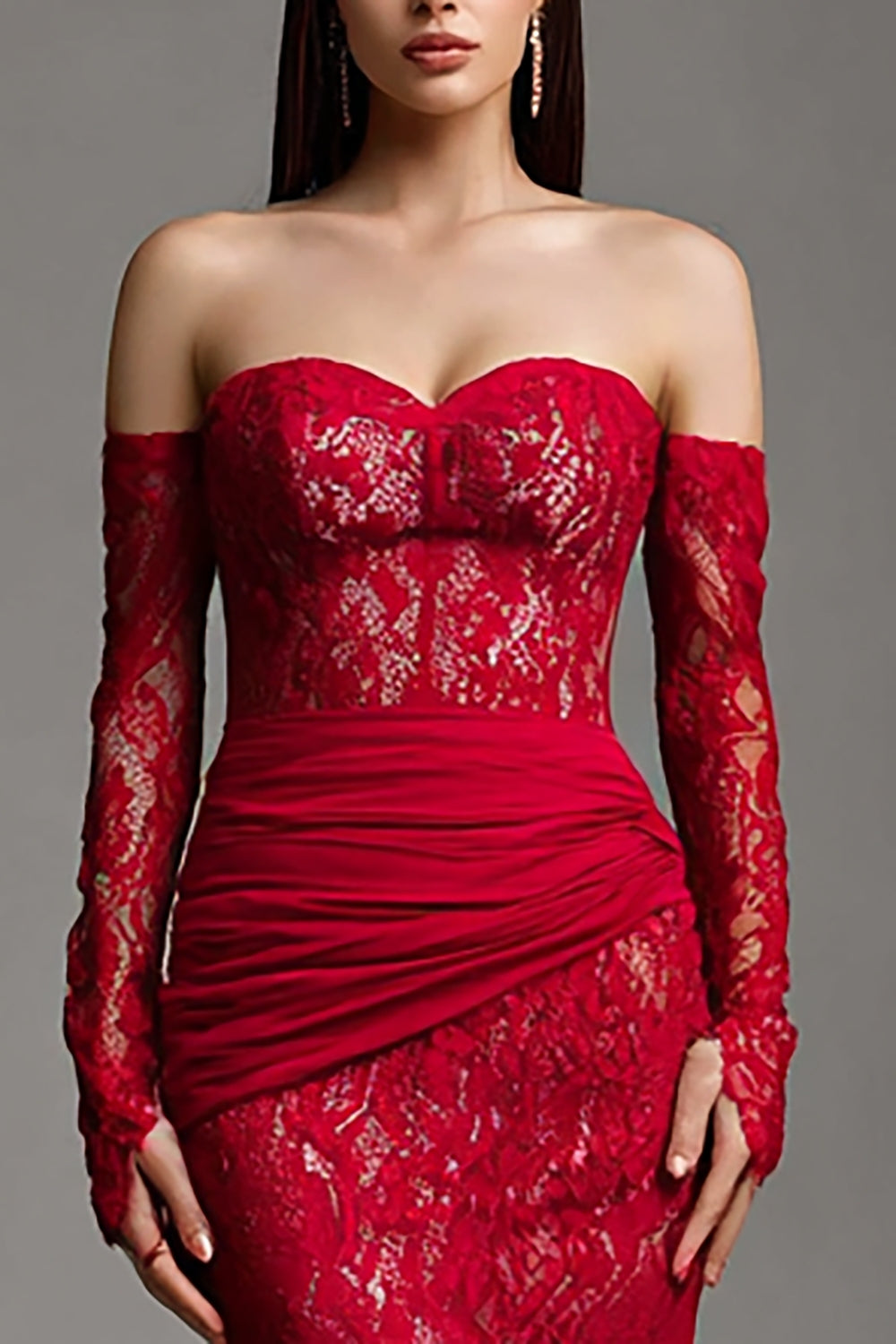Elegant Red Lace Mermaid Strapless Long Corset Formal Dress with Sleeves