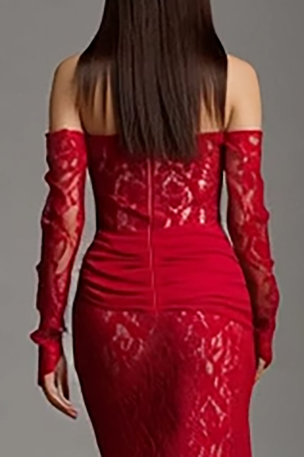 Elegant Red Lace Mermaid Strapless Long Corset Formal Dress with Sleeves