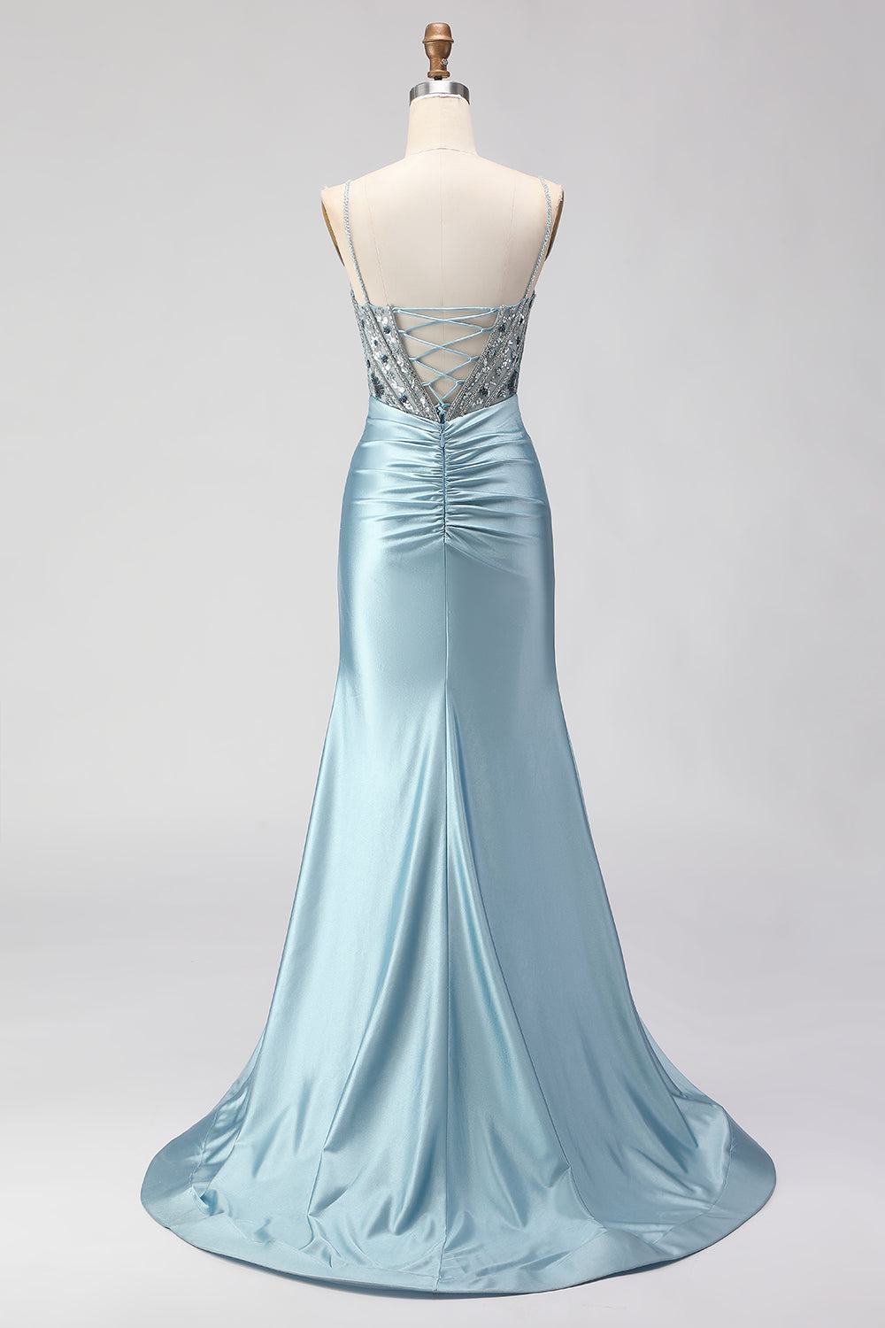 Sparkly Dusty Blue Beaded Satin Spaghetti Straps Long Corset Prom Dress with Slit