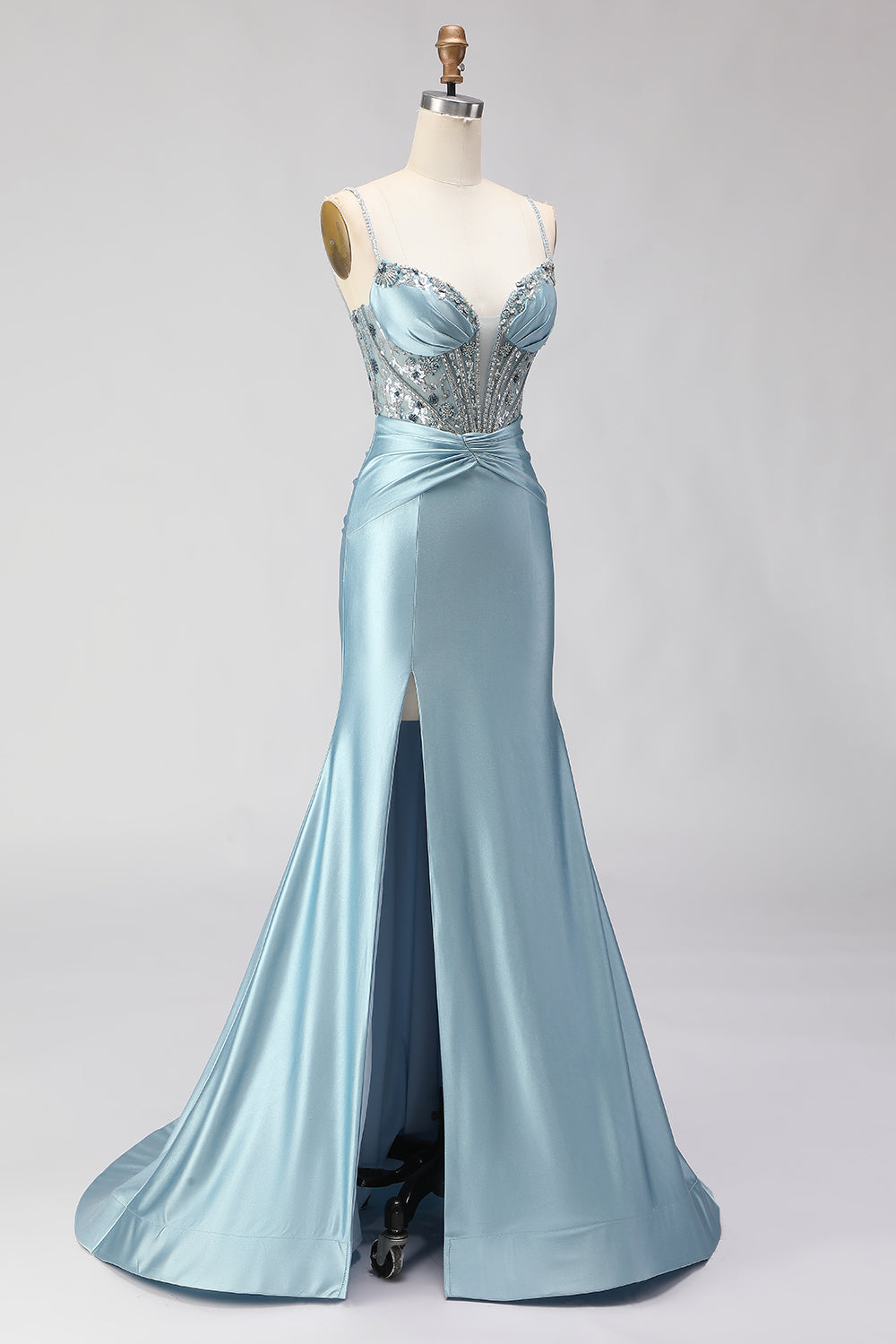 Sparkly Dusty Blue Beaded Satin Spaghetti Straps Long Corset Prom Dress with Slit