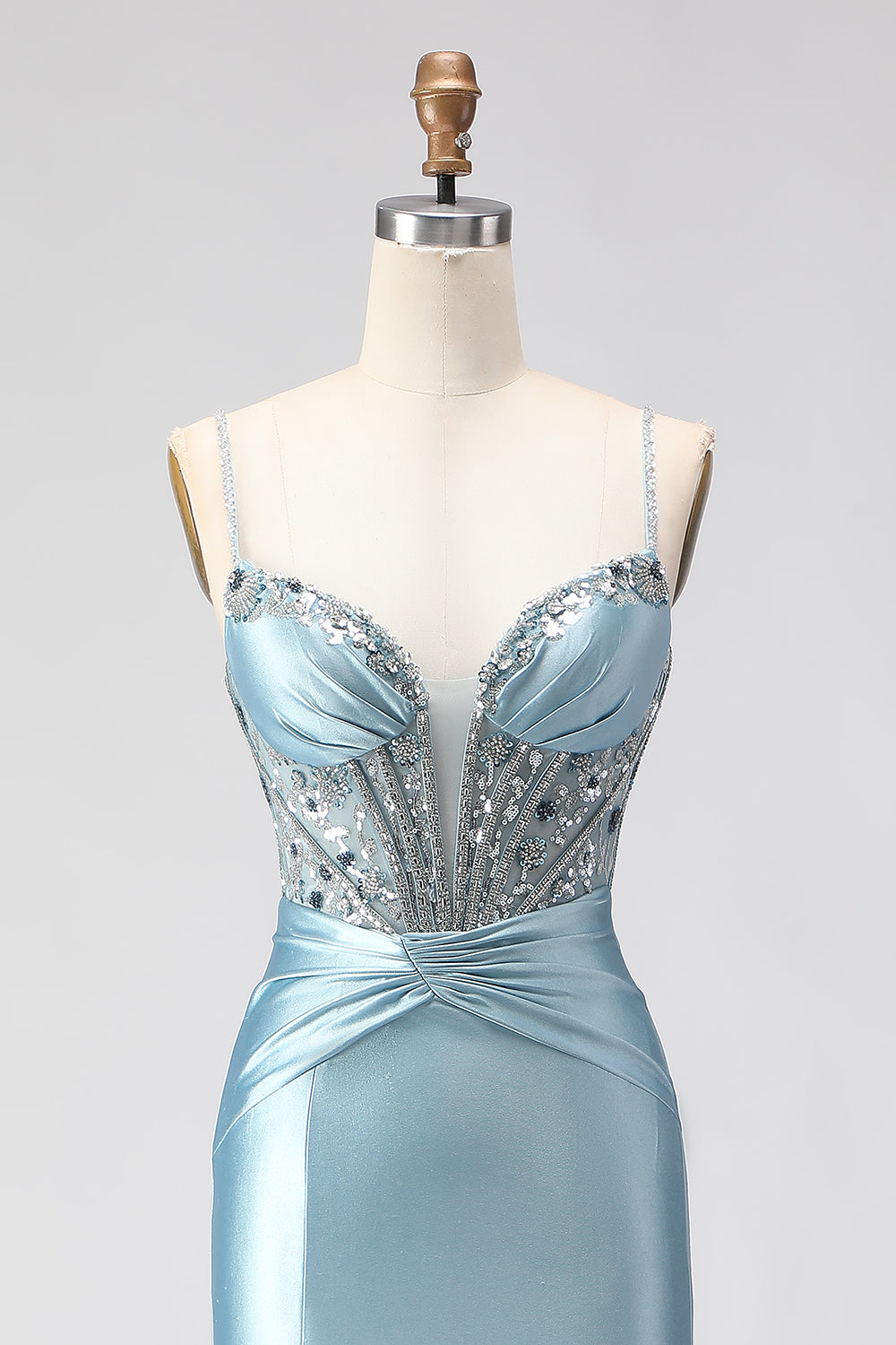 Sparkly Dusty Blue Beaded Satin Spaghetti Straps Long Corset Prom Dress with Slit