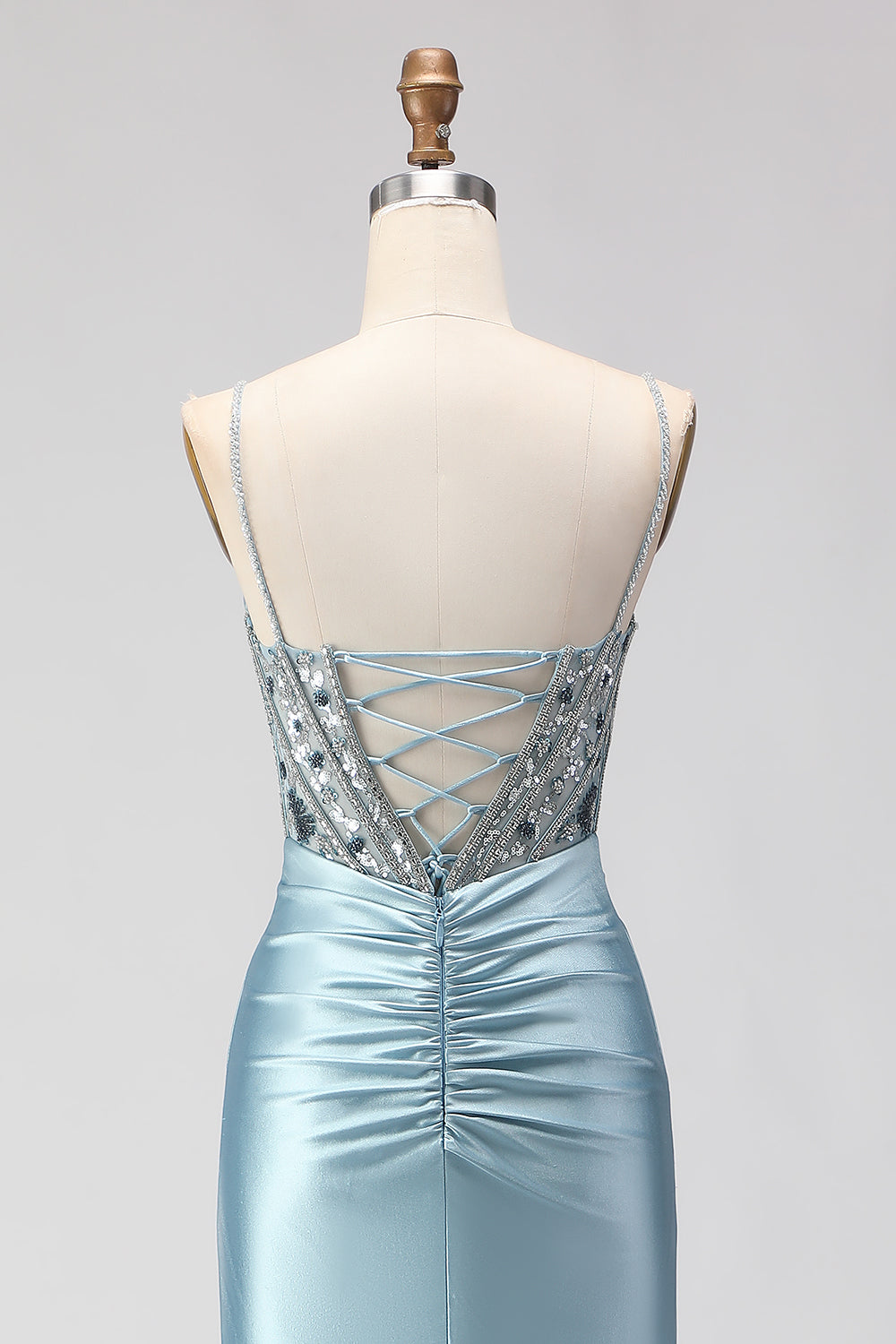 Sparkly Dusty Blue Beaded Satin Spaghetti Straps Long Corset Prom Dress with Slit