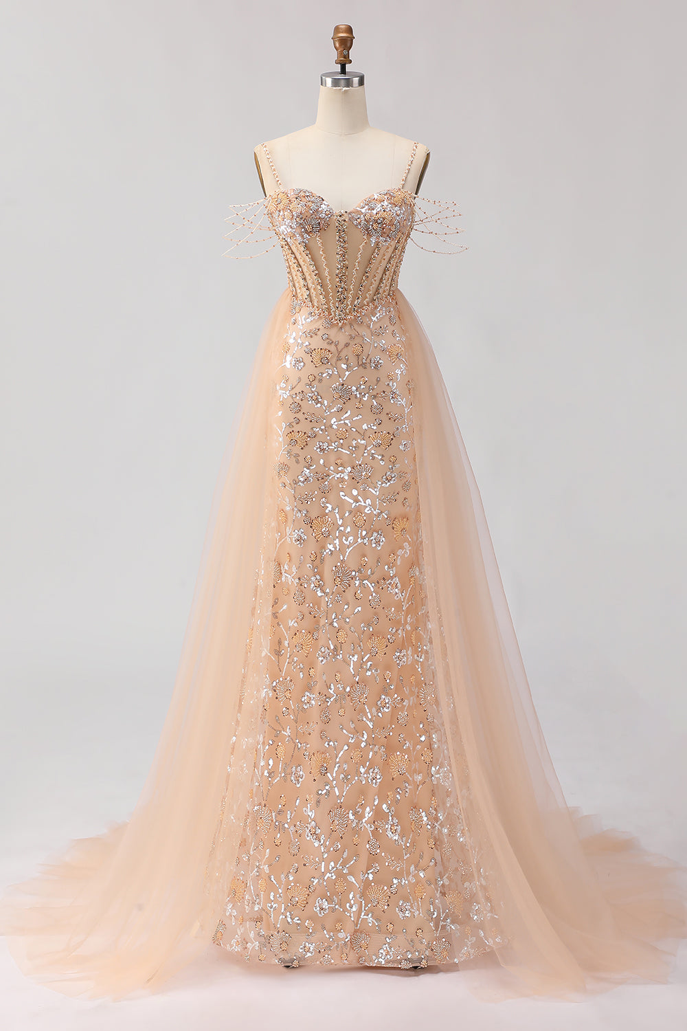 Sparkly Champagne Corset Tulle Beaded Long Floral Prom Dress