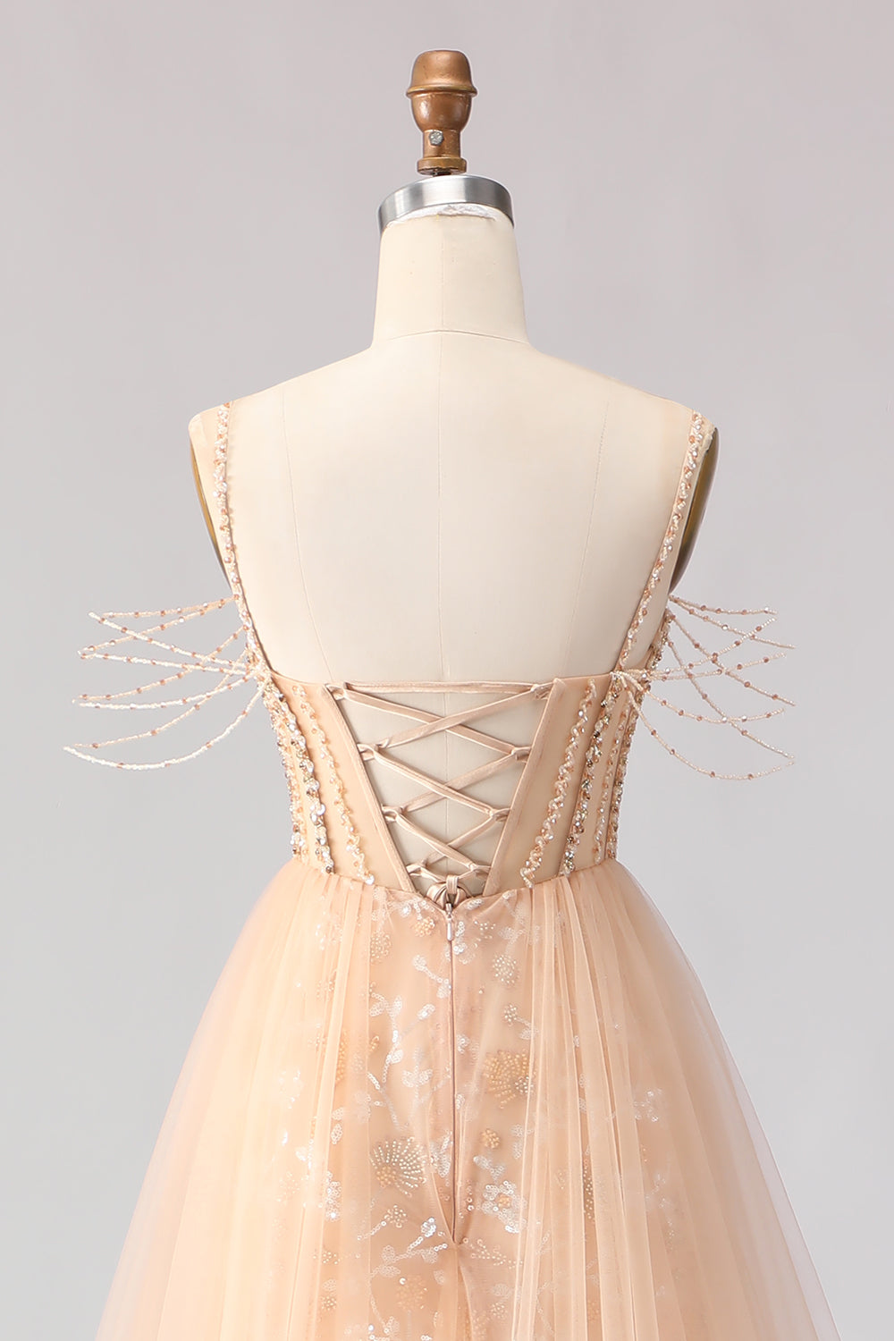 Sparkly Champagne Corset Tulle Beaded Long Floral Prom Dress
