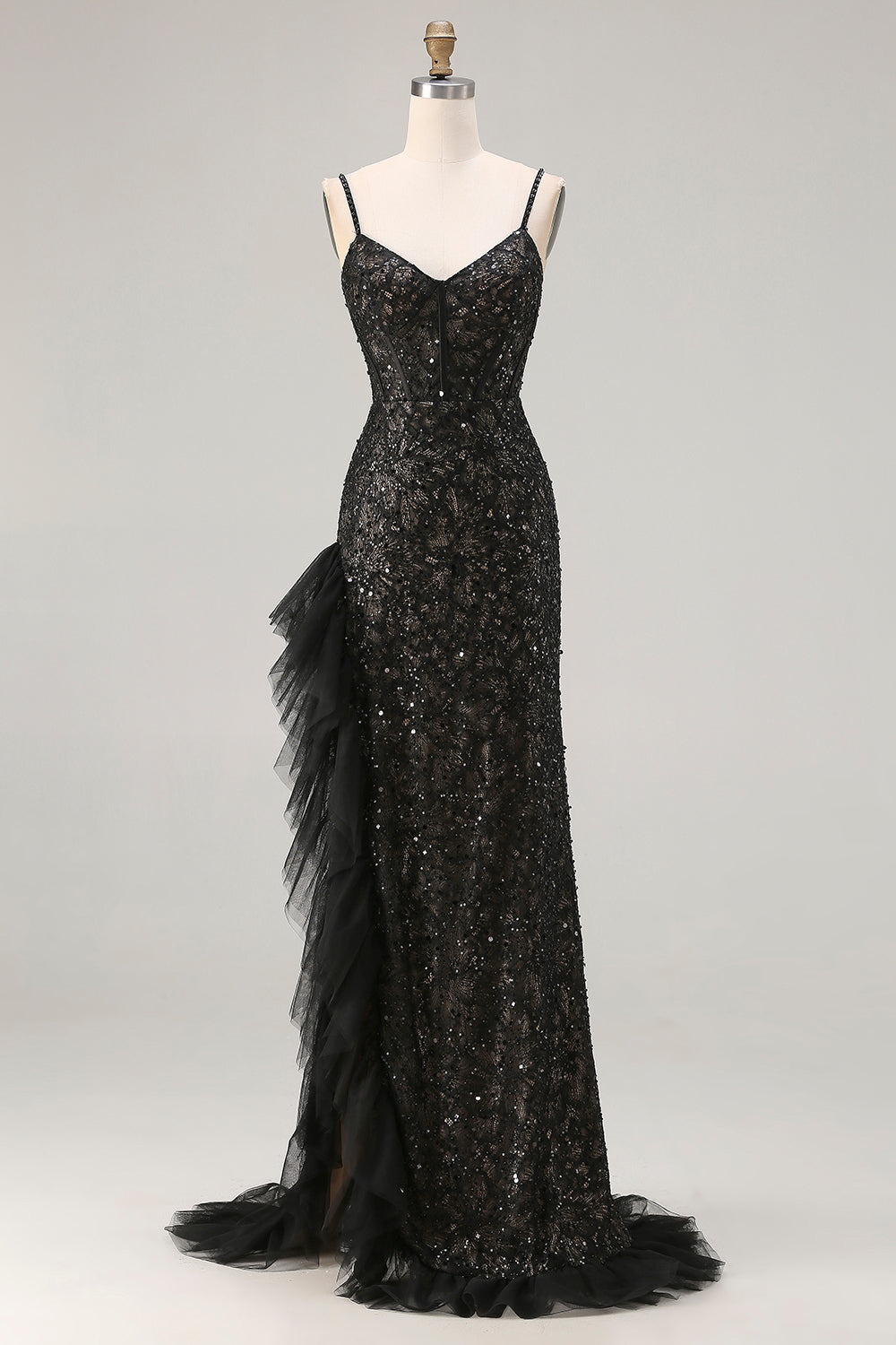 Sparkly Black Mermaid Corset Long Beaded Prom Dress with Feathers