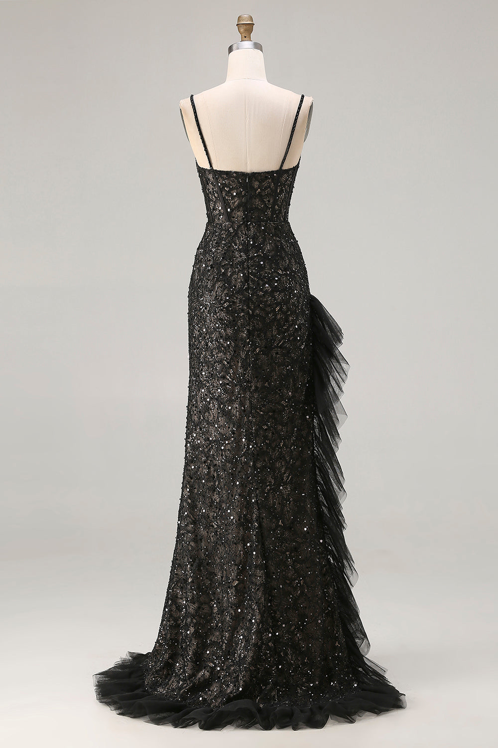 Sparkly Black Mermaid Corset Long Beaded Prom Dress with Feathers