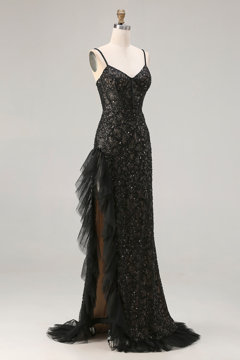 Sparkly Black Mermaid Corset Long Beaded Prom Dress with Feathers