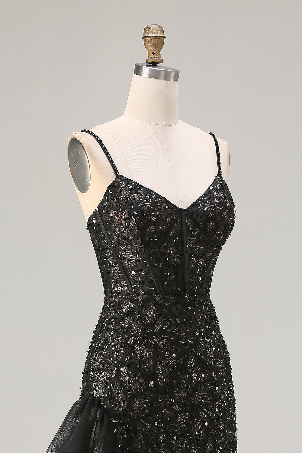 Sparkly Black Mermaid Corset Long Beaded Prom Dress with Feathers