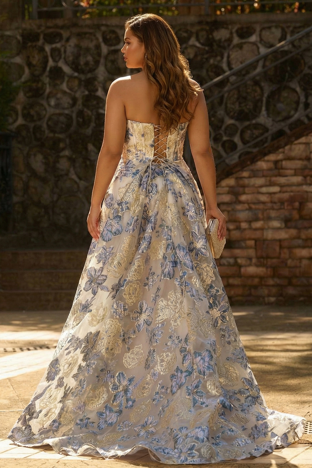 Plus Size Dusty Blue Corset Ball Gown Strapless Long Floral Prom Dress with Slit