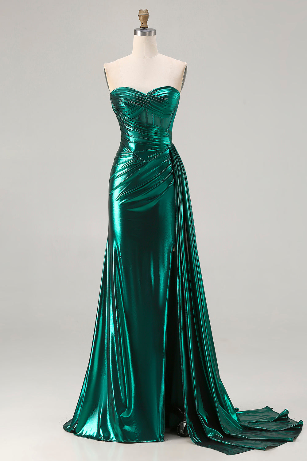 Sparkly Dark Green Mermaid Sweetheart Ruched Long Corset Prom Dress with Side Cape