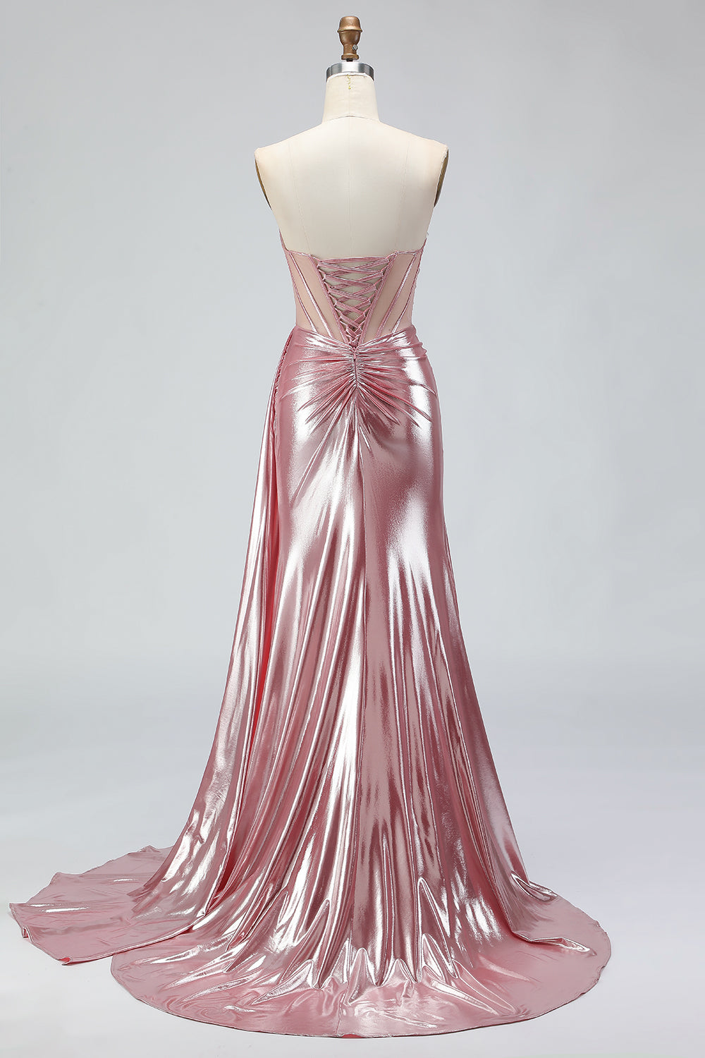 Metallic Pink Mermaid Sweetheart Mermaid Long Corset Prom Dress with Slit