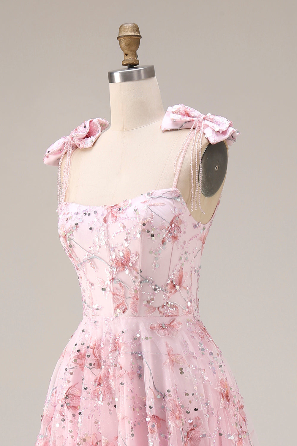 Sparkly Pink Spaghetti Straps A Line Long Floral Prom Dress with Bows