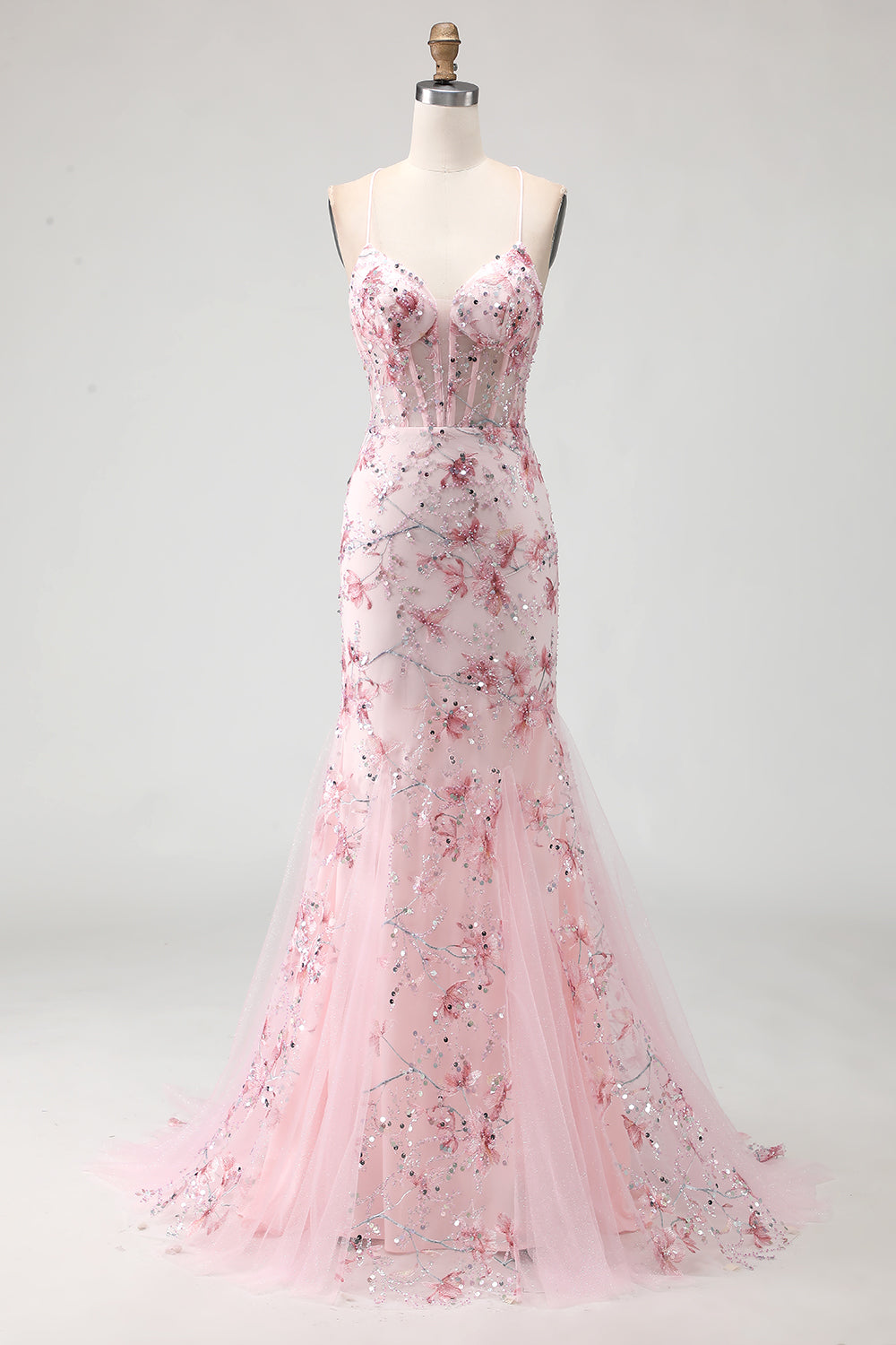 Floral Pink Mermaid Beaded Spaghetti Straps Long Corset Prom Dress