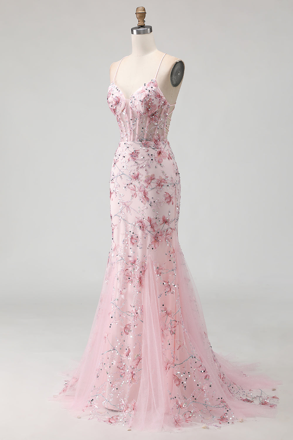 Floral Pink Mermaid Beaded Spaghetti Straps Long Corset Prom Dress
