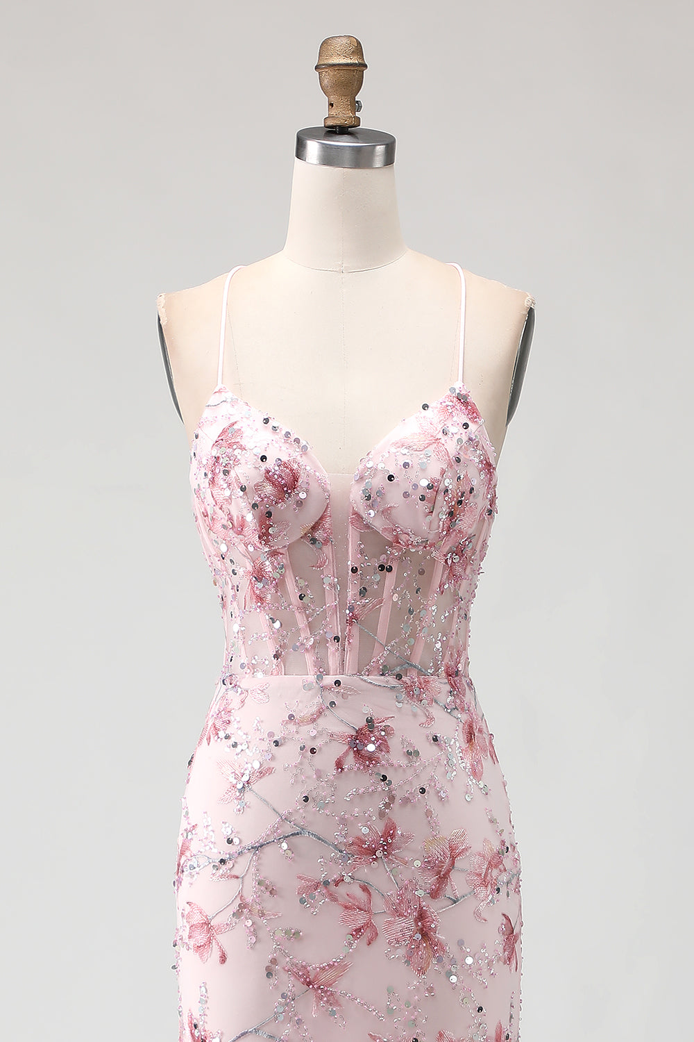 Floral Pink Mermaid Beaded Spaghetti Straps Long Corset Prom Dress