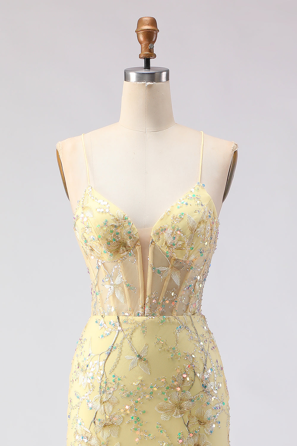 Floral Yellow Mermaid Corset Spaghetti Straps Long Sparkly Prom Dress