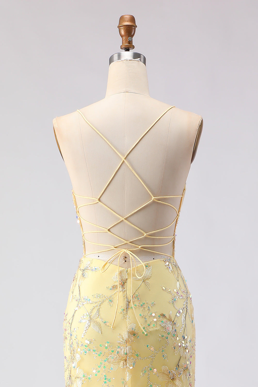 Floral Yellow Mermaid Corset Spaghetti Straps Long Sparkly Prom Dress
