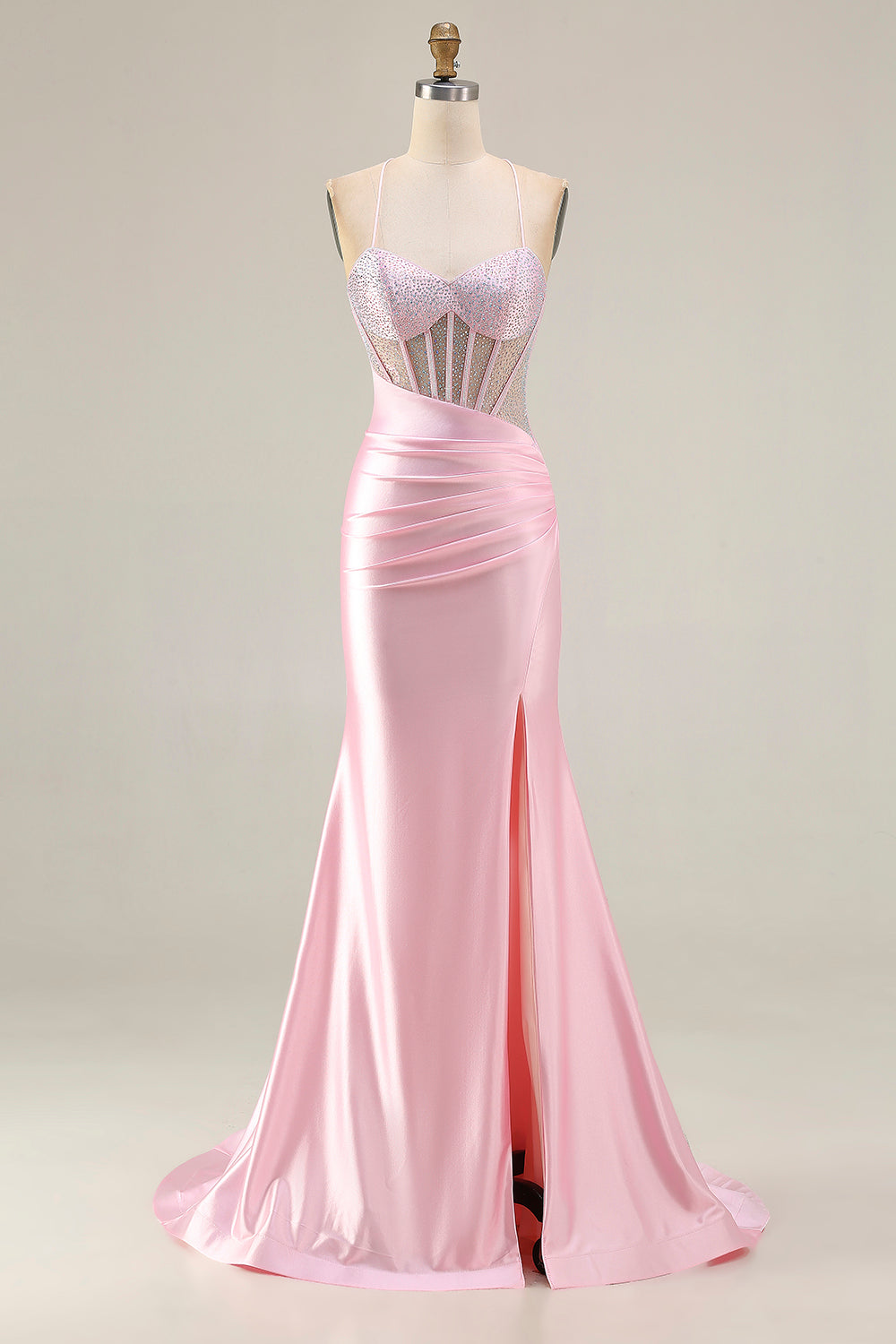 Sparkly Pink Mermaid Ruched Satin Long Corset Prom Dress with Slit
