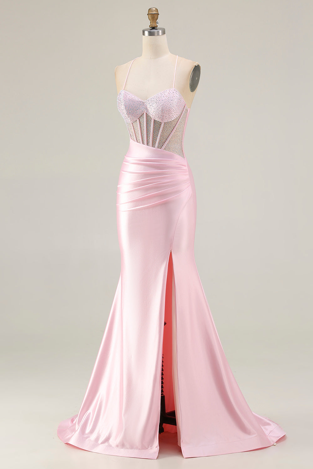 Sparkly Pink Mermaid Ruched Satin Long Corset Prom Dress with Slit