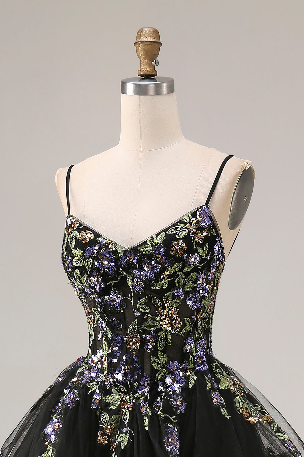 Sparkly Black A Line Tulle Long Tiered Prom Dress