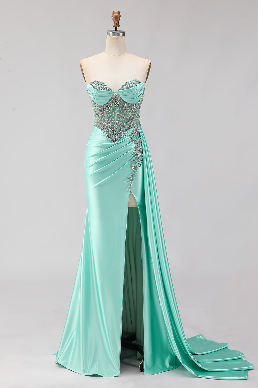 Mint Green Corset Beaded Mermaid Long Sparkly Prom Dress with Slit