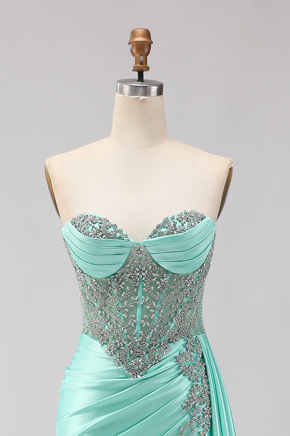 Mint Green Corset Beaded Mermaid Long Sparkly Prom Dress with Slit