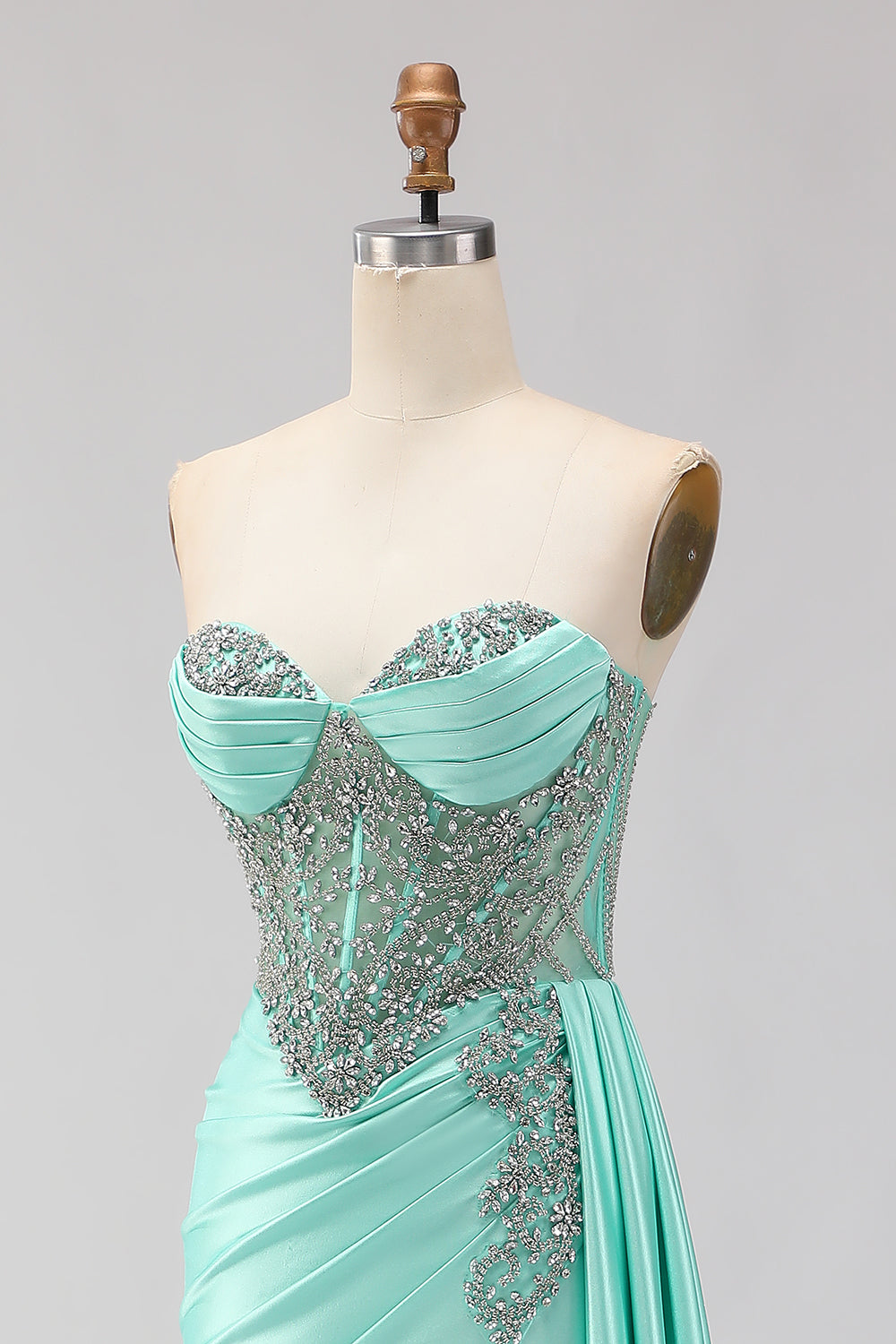 Mint Green Corset Beaded Mermaid Long Sparkly Prom Dress with Slit
