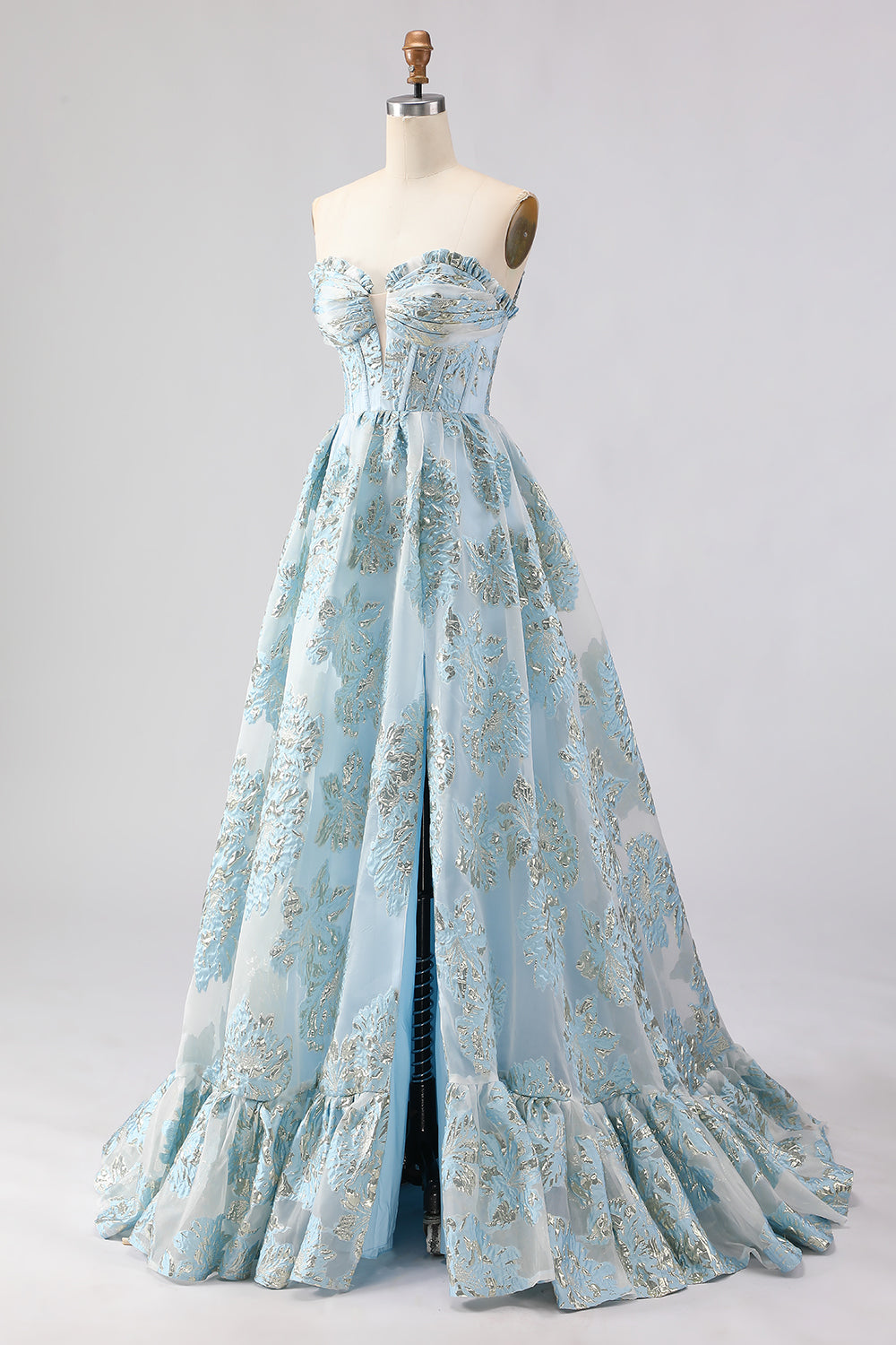 Floral Light Blue Ball Gown Strapless Ruffled Long Corset Prom Dress with Slit