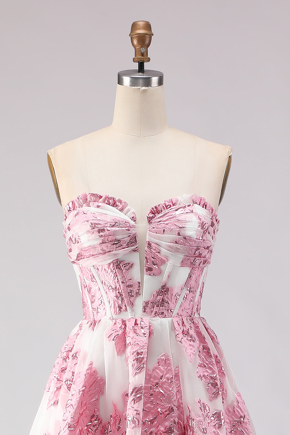 Floral Pink  A-Line Sweetheart Jacquard Long Corset Prom Dress with Slit