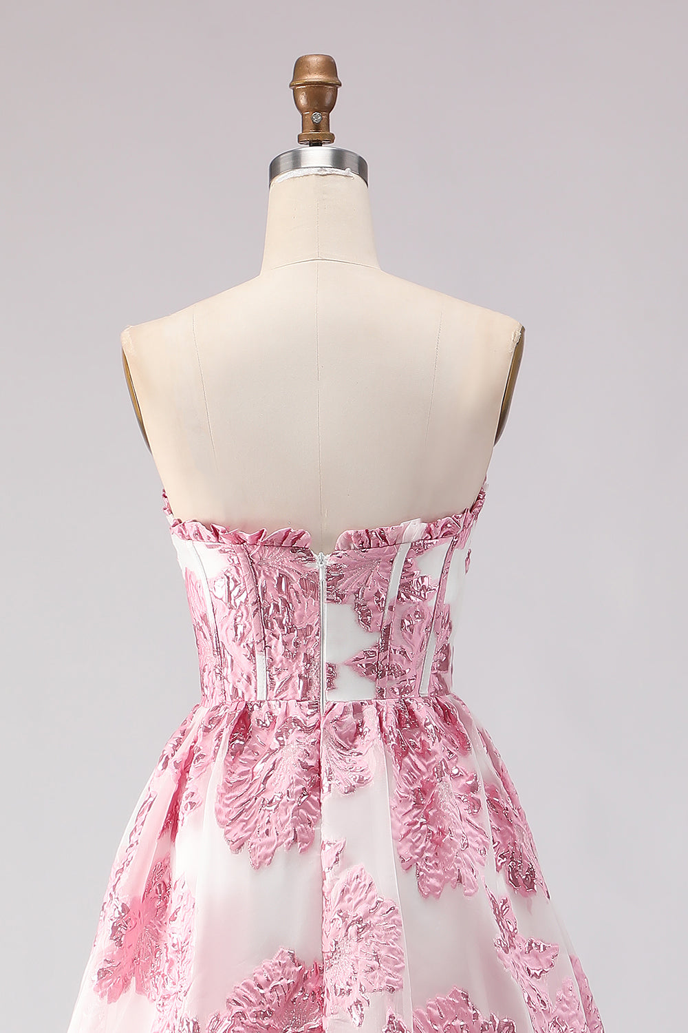 Floral Pink  A-Line Sweetheart Jacquard Long Corset Prom Dress with Slit