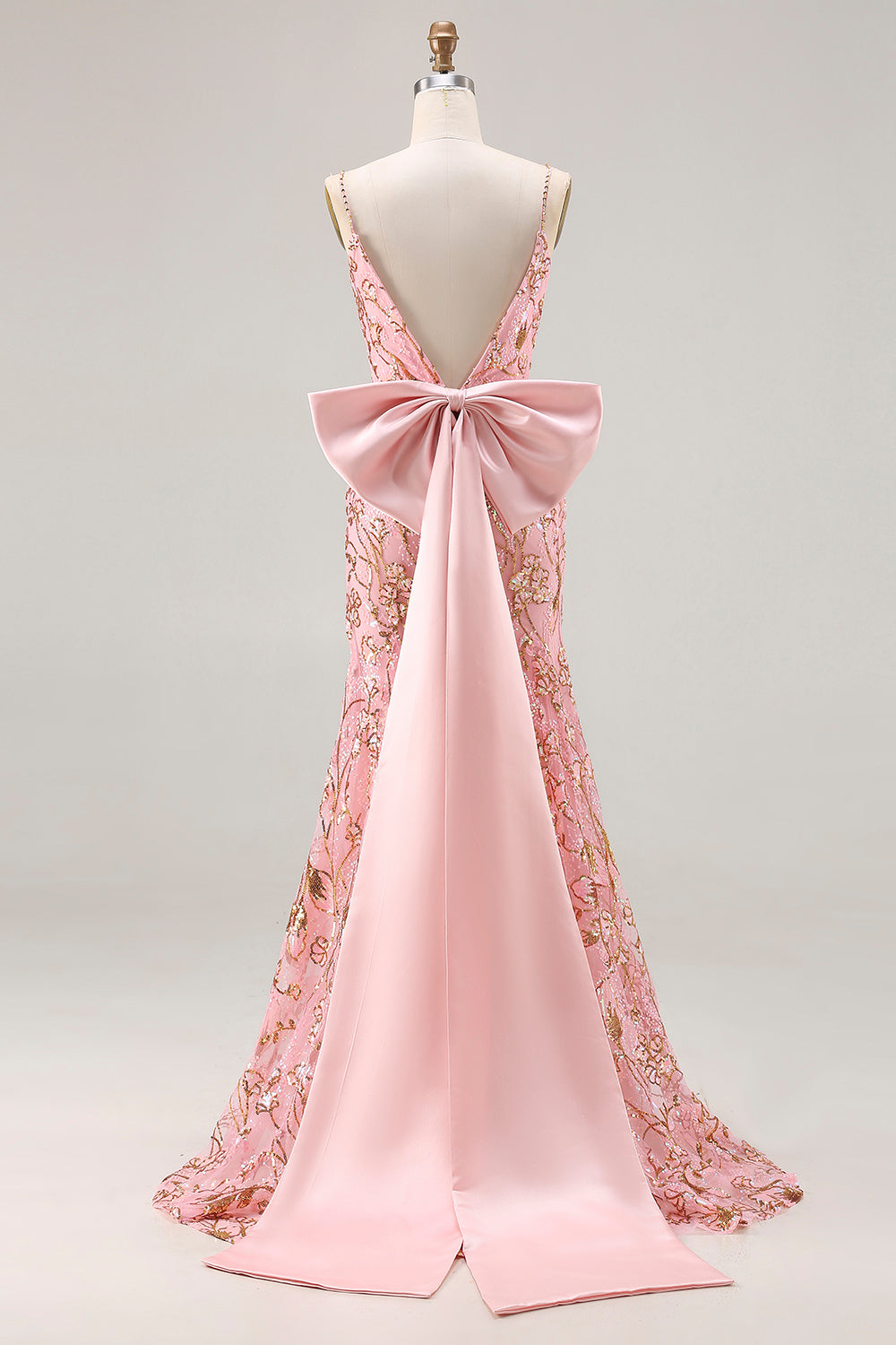 Floral Pink Mermaid Sequin Bowknot Long Sparkly Prom Dress with Slit