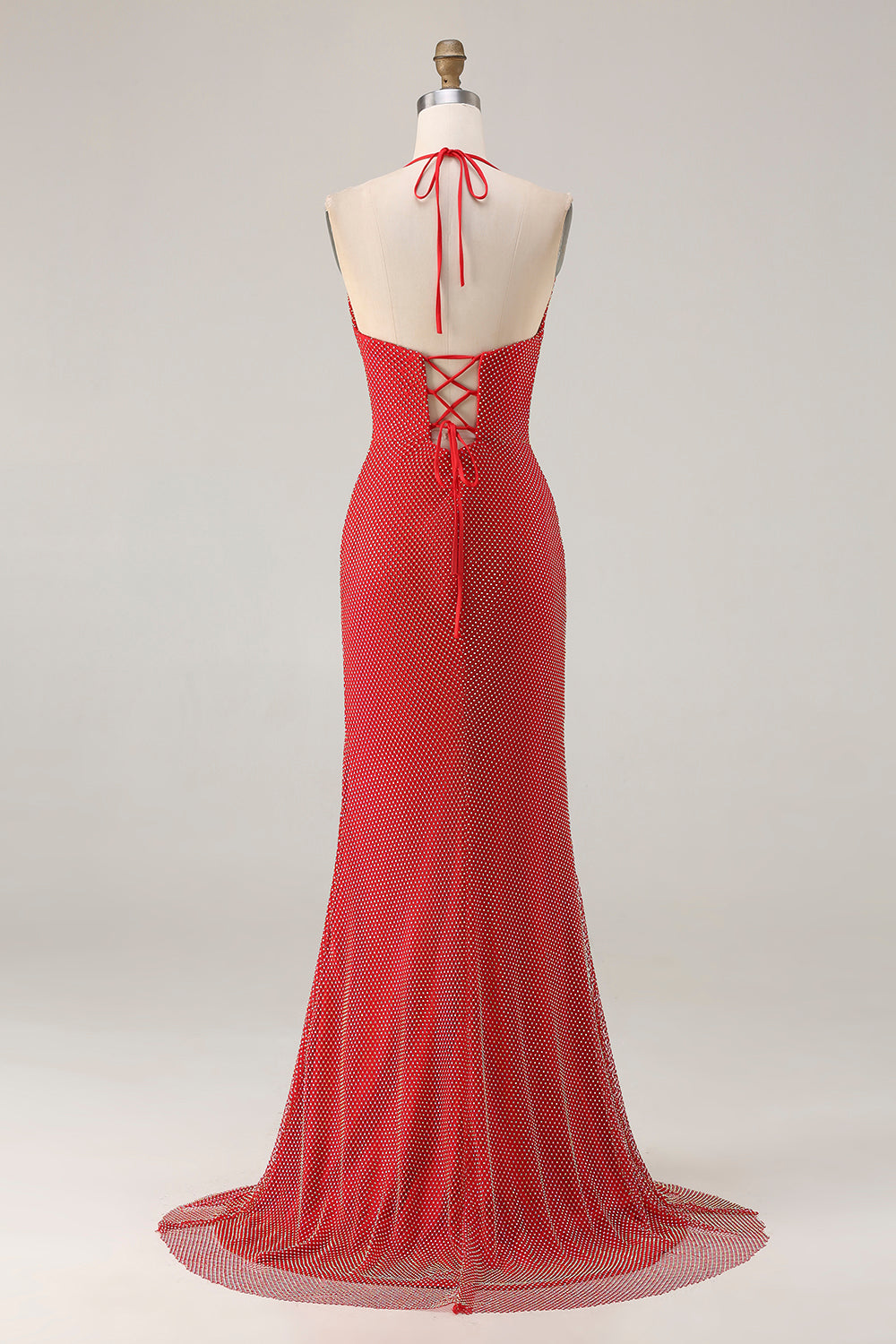 Sparkly Red Halter Mermaid Long Beaded Prom Dress with Slit